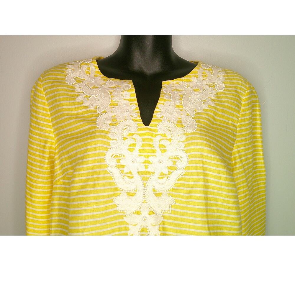 Talbots Linen Tunic with White Stripes & Beading 3/4 Sleeve Women's Petite Med - Picture 2 of 5
